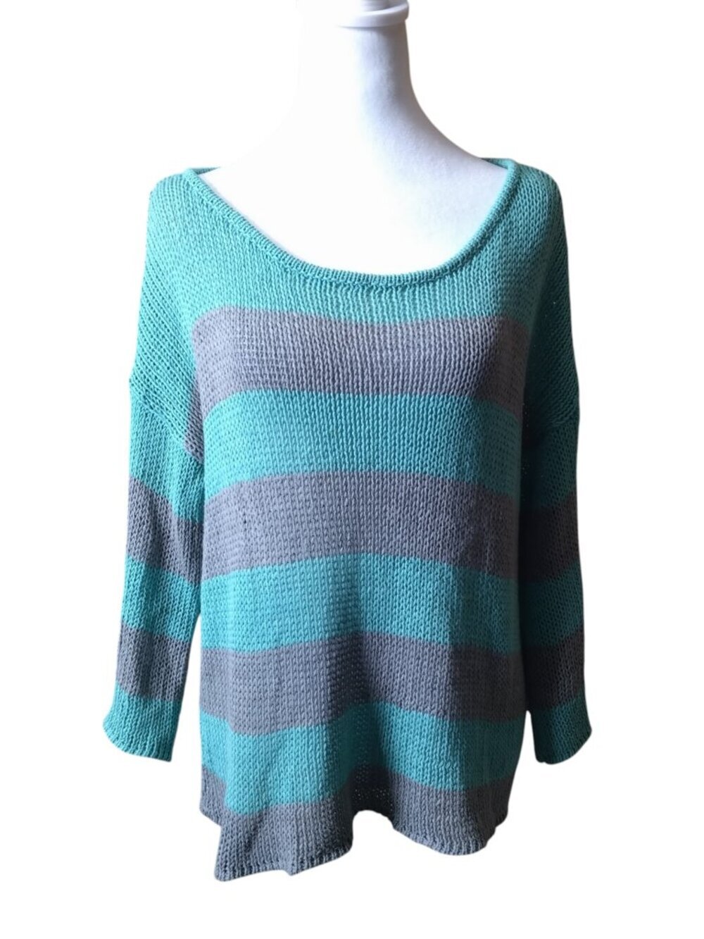 Wooden Ships M/L Open Knit Striped Drop Shoulder Green/Gray Sweater 3/4 Sleeve